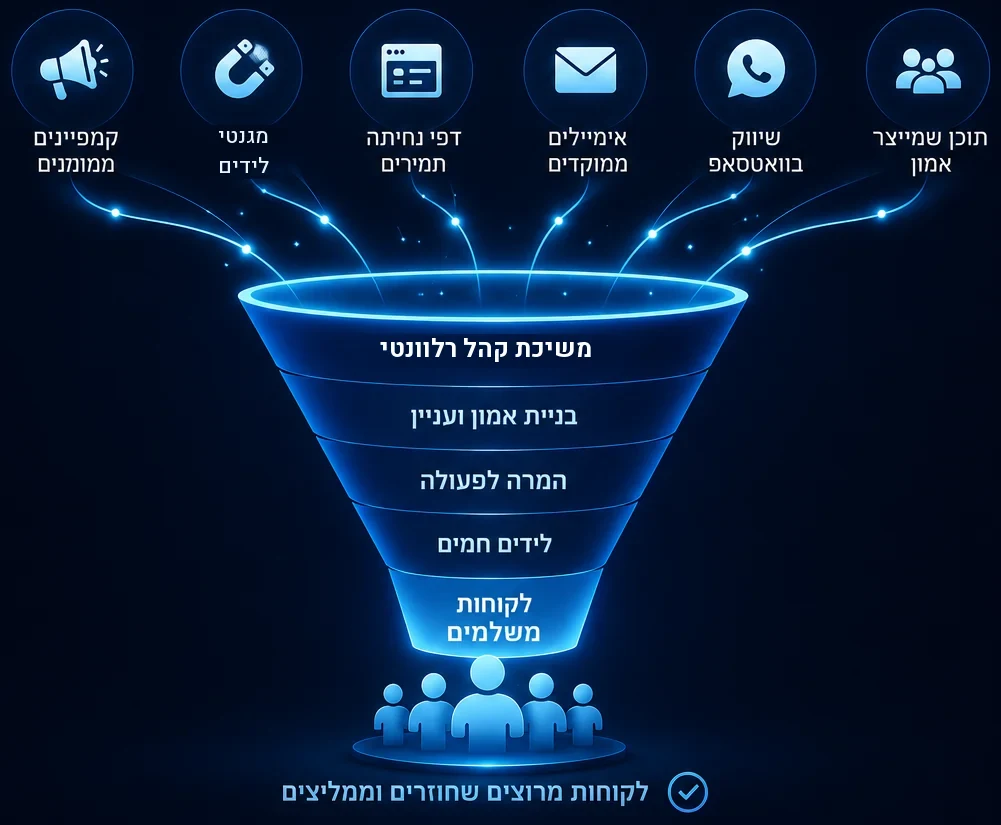 משפך שיווקי: שישה ערוצי הפצה מזינים משפך שמוביל ממשיכת קהל רלוונטי ועד לקוחות משלמים