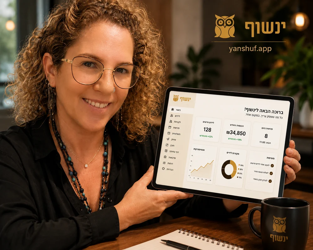 קרן בינשטיין מציגה את מסך הבית של מערכת ינשוף - לידים, הכנסות, פגישות ומשימות במסך אחד