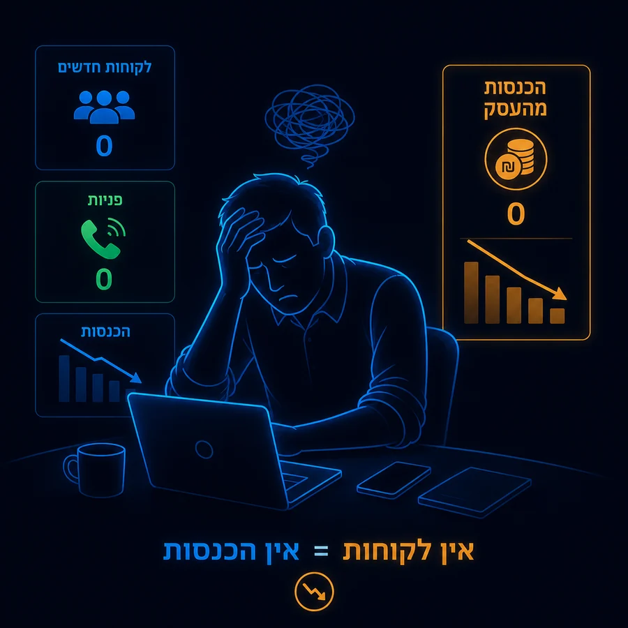 בעל עסק מול המחשב עם אפס לקוחות חדשים, אפס פניות ואפס הכנסות